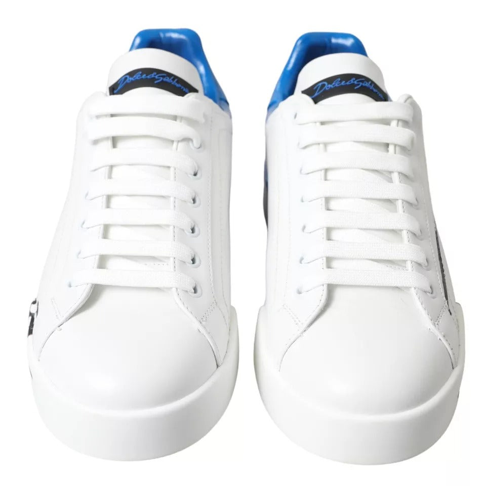 White Blue Leather Logo Low Top Sneakers Shoes