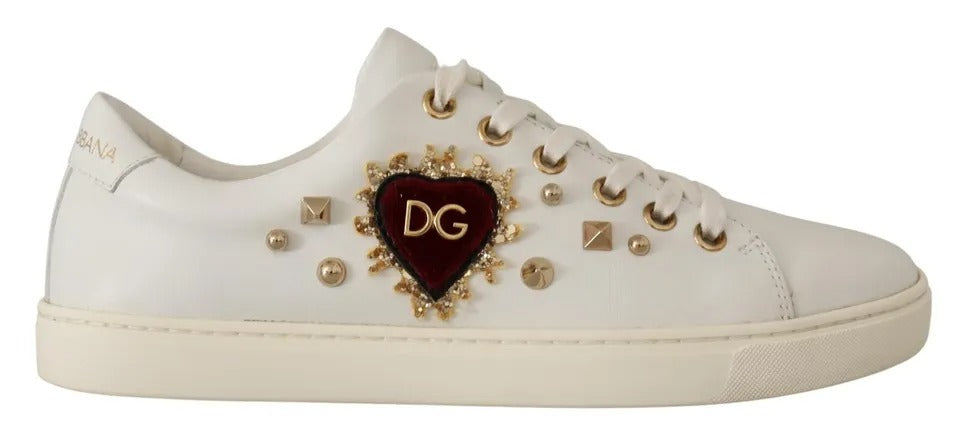 White Leather Gold Red Heart Sneakers Shoes