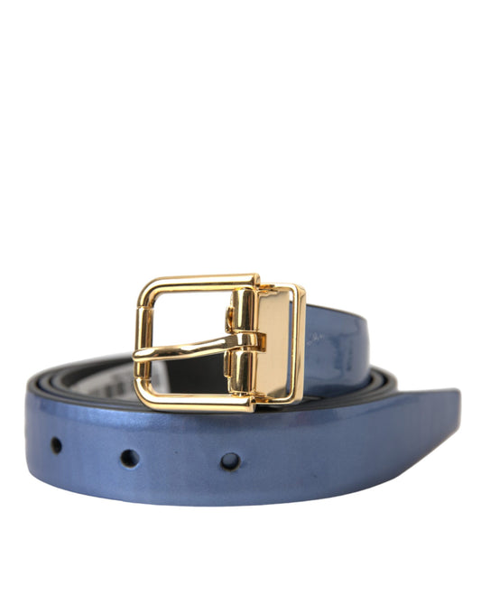 Metallic Blue Leather Gold Metal Buckle Belt