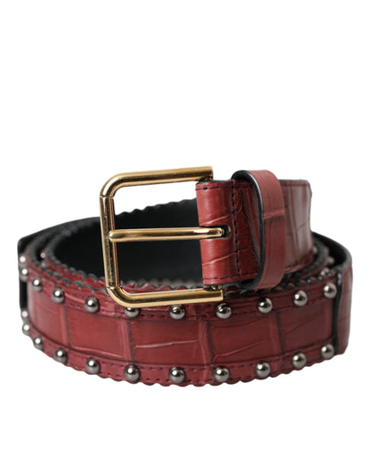 Brown Alligator Leather Studded Metal Buckle Belt