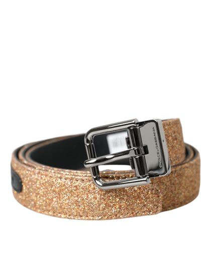 Gold Glitter Leather Silver Metal Buckle Belt