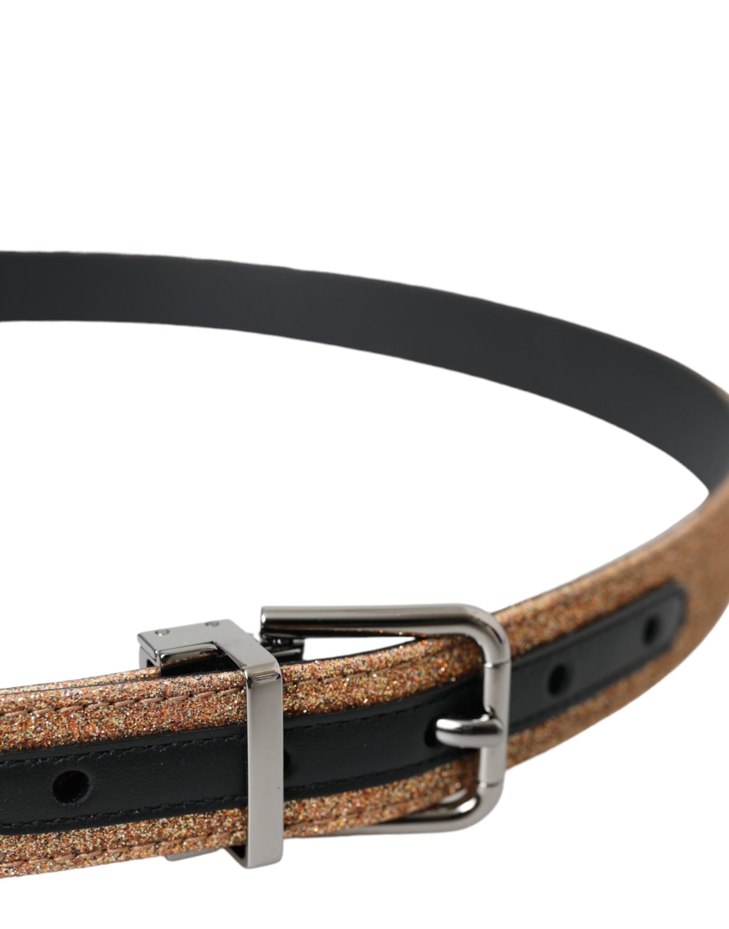 Gold Glitter Leather Silver Metal Buckle Belt