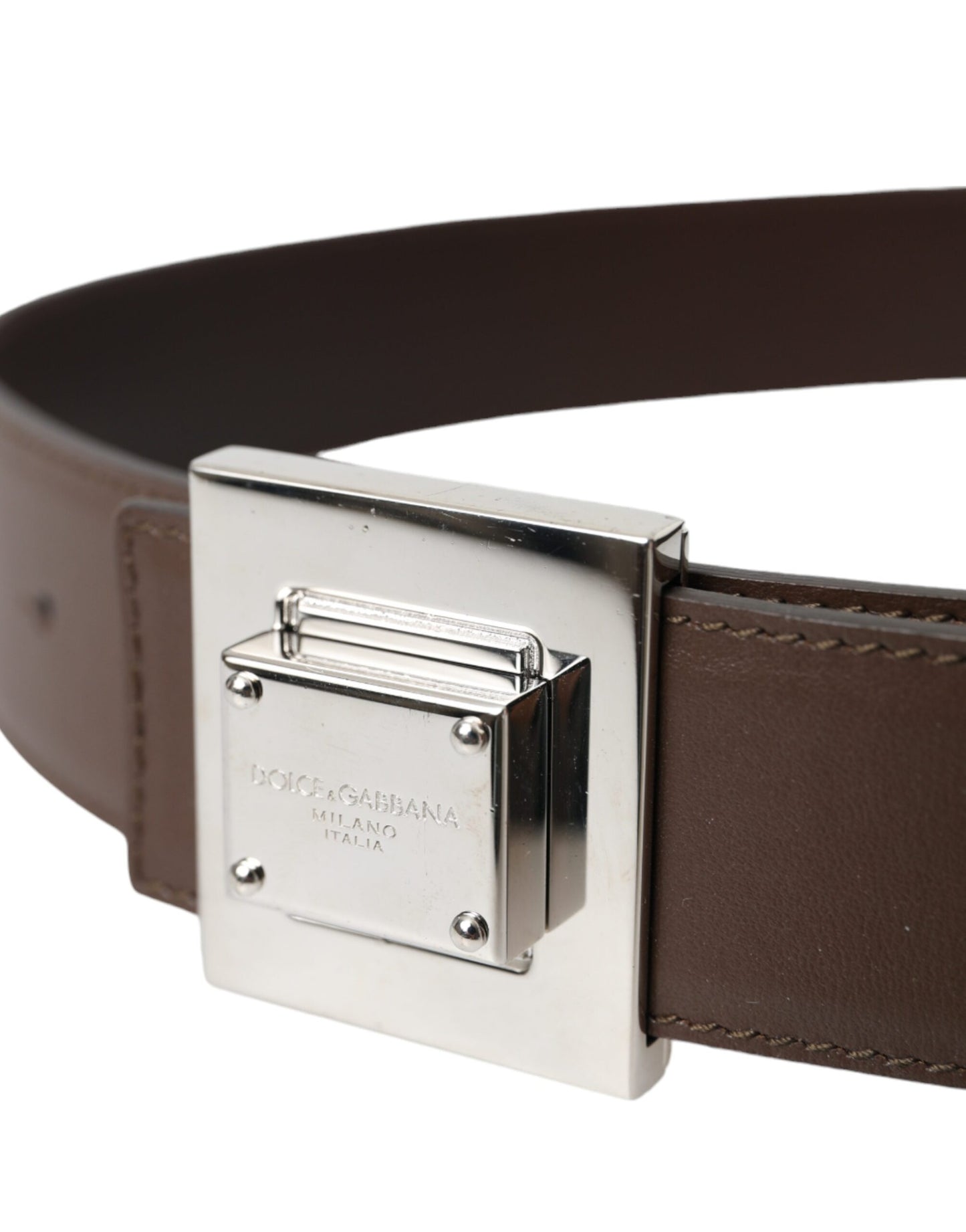 Brown Calf Leather Square Metal Buckle Belt