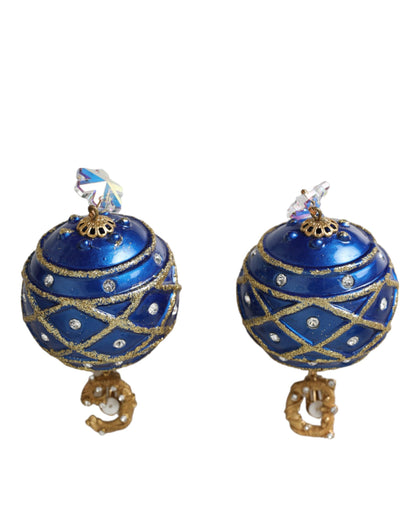 Gold Brass Blue Dangle Christmas Ball Crystal Clip On Earrings