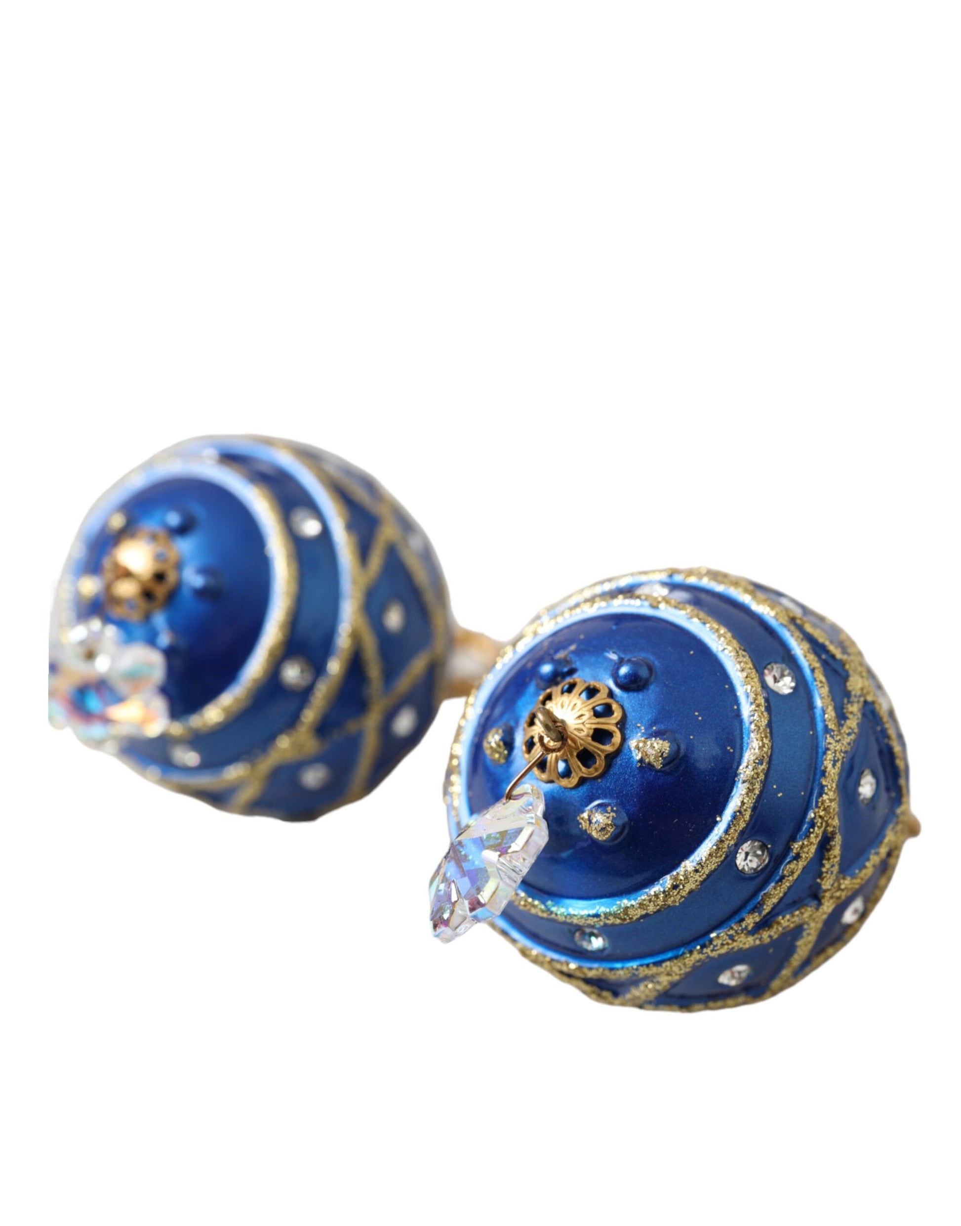 Gold Brass Blue Dangle Christmas Ball Crystal Clip On Earrings