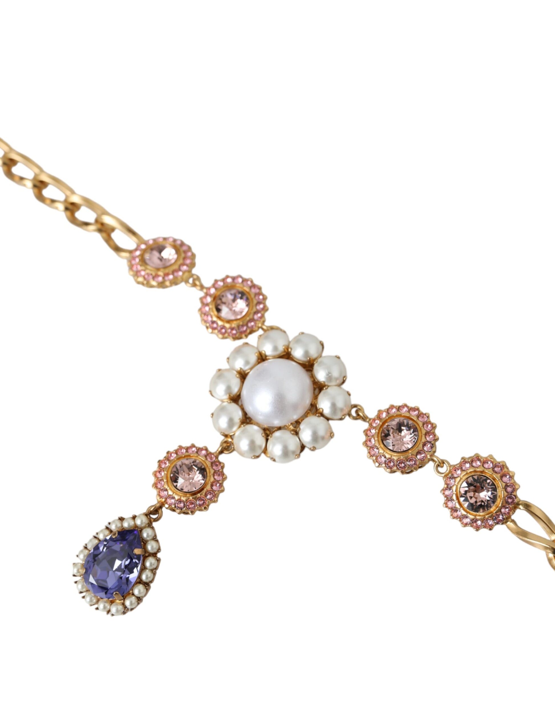 Gold Brass Crystal Purple Pink Pearl Pendants Necklace