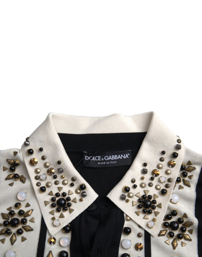 White Black Silk Studded Stone Crystal Shirt