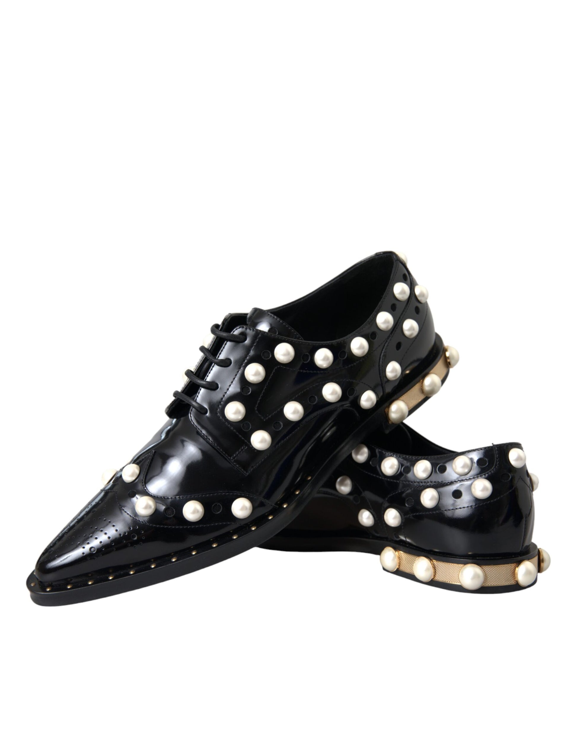 Black Leather Faux Pearl Dress Broque Shoes