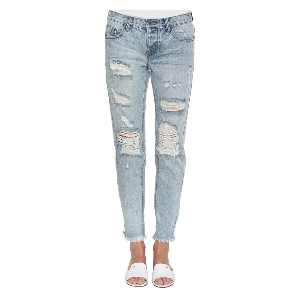 Light Blue Cotton Women High-Waist Jean