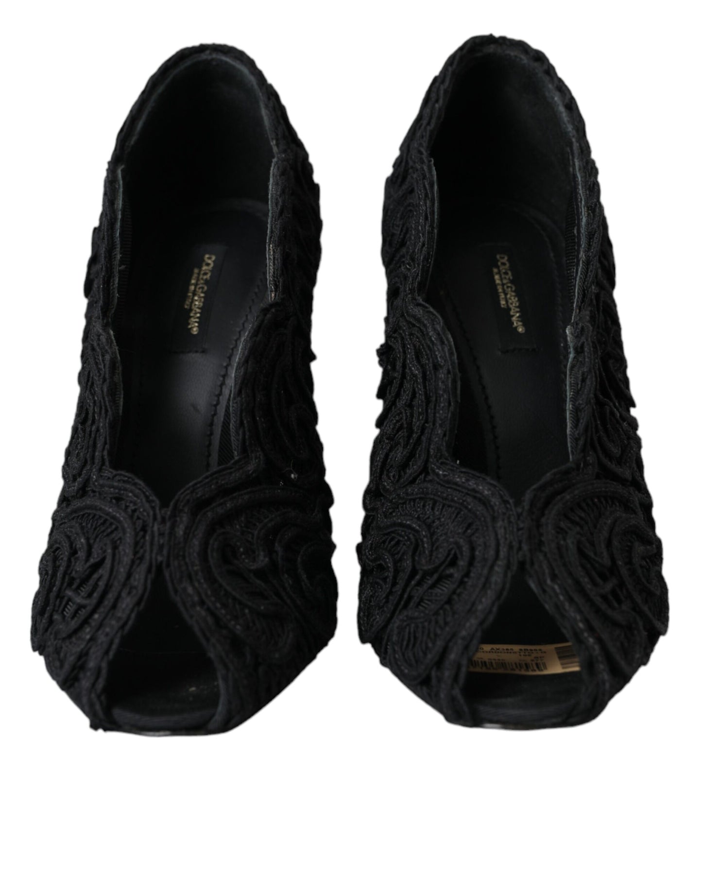 Black Cordonetto Ricamo Pump Open Toe Shoes