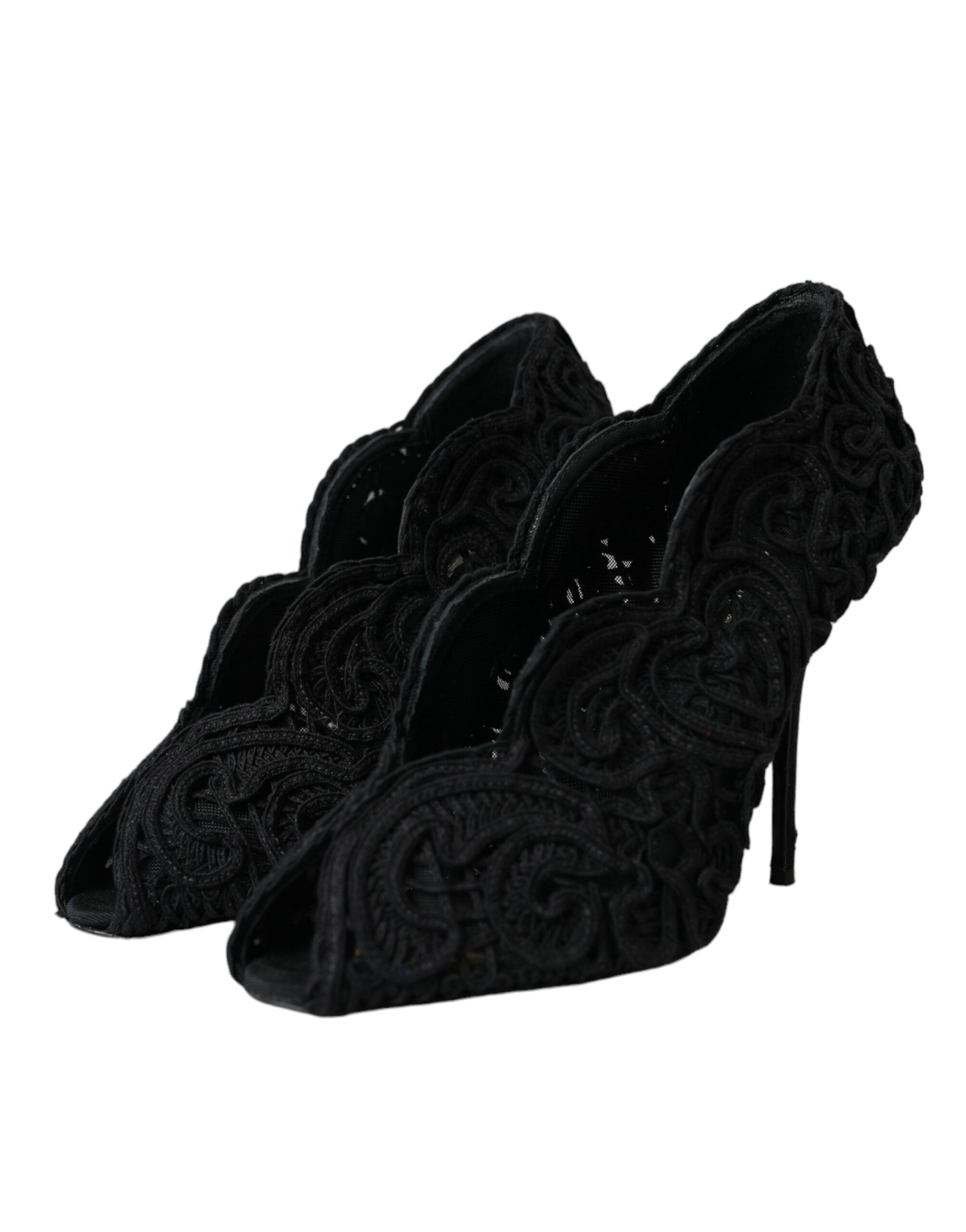 Black Cordonetto Ricamo Pump Open Toe Shoes