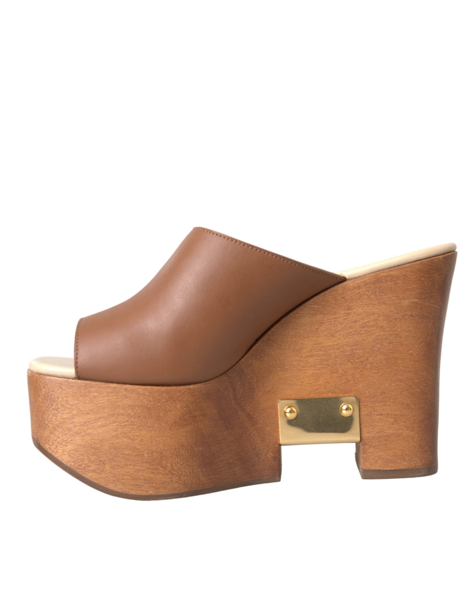 Brown Leather Wood Mules Wedge Slides Shoes