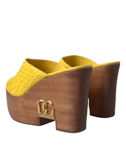 Yellow Leather Wood Mule Wedge Slides Shoes