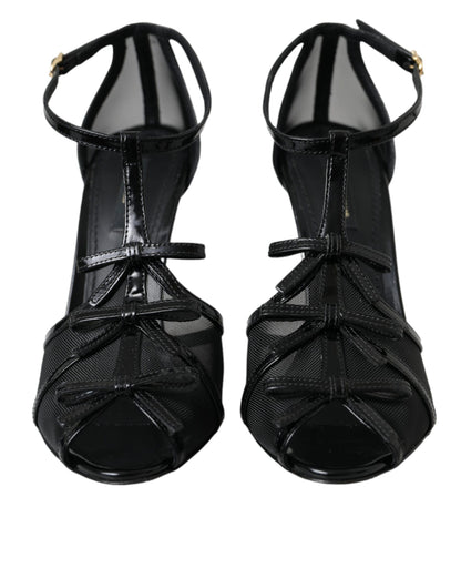 Black Mesh T-strap Heels Sandals Shoes