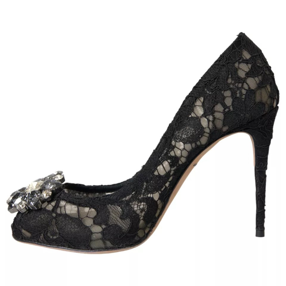 Black Taormina Lace Crystal Heel Pumps Shoes