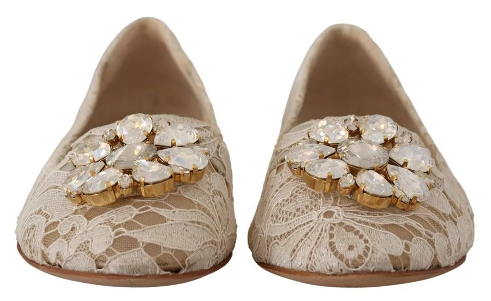 Beige Lace Crystal Ballet Flats Loafers Shoes