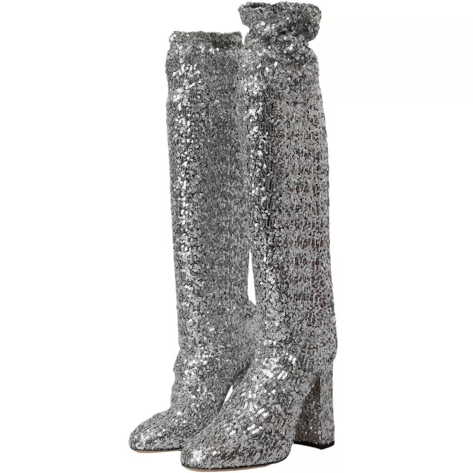 Silver Sequined High Boots Stretch Shoes