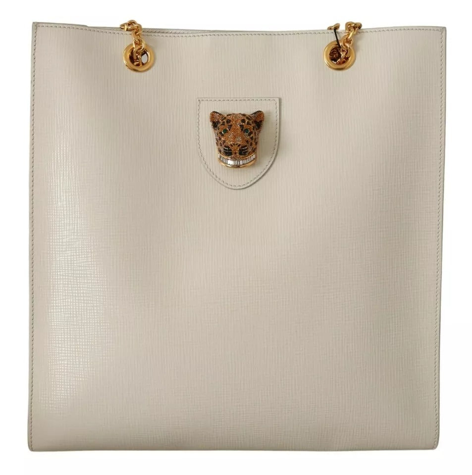 White Crystal Leopard Head Leather JUNGLE Tote Bag