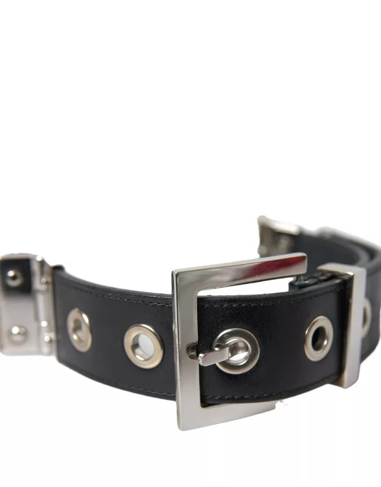 Black Leather Beige Strap Silver Metal Buckle Belt