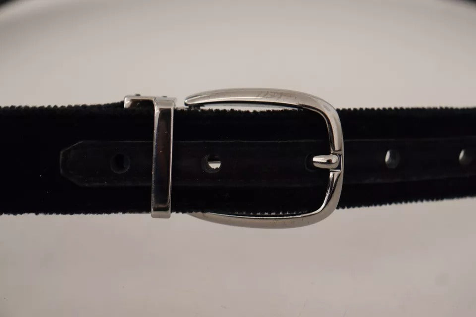 Black Velvet Silver Tone Metal Logo Buckle Belt