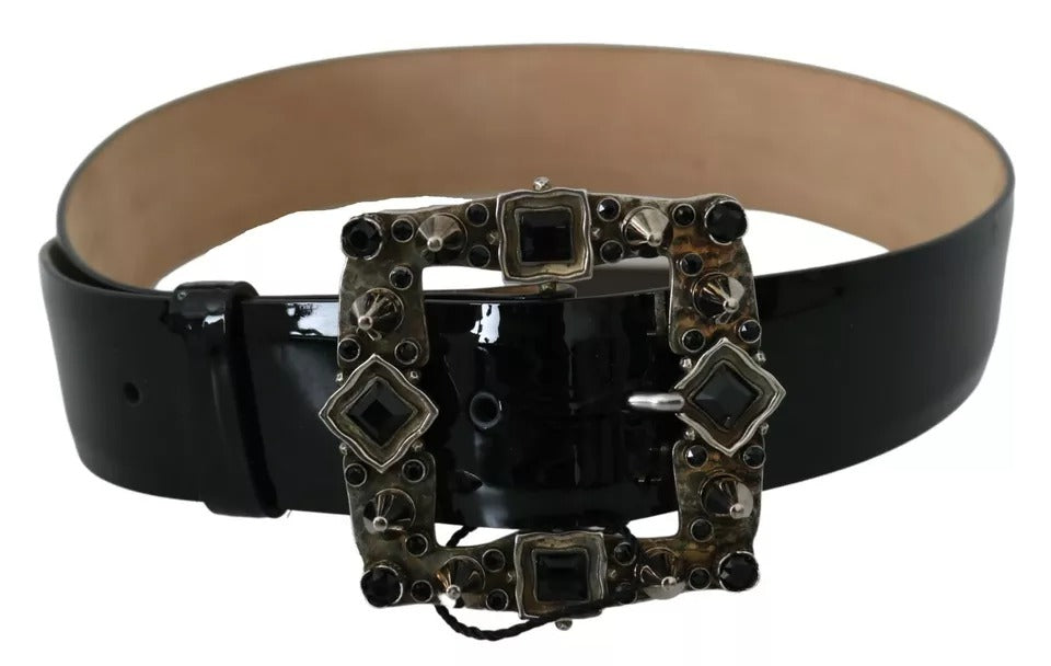 Black Shiny Leather Crystal Logo Buckle Belt