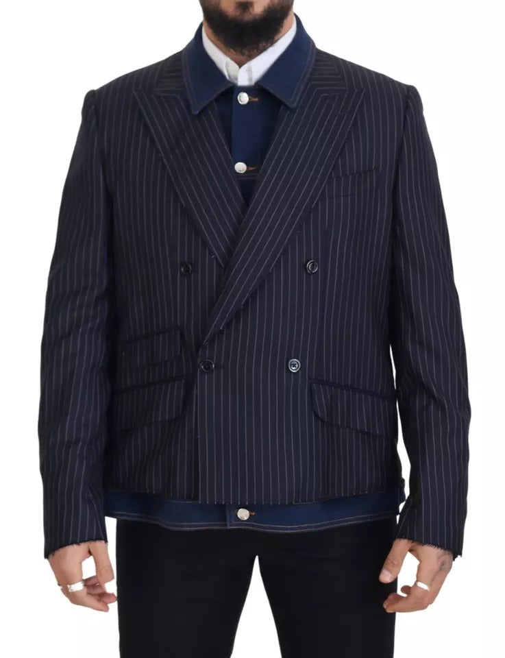 Blue Striped Double Breasted Denim Blazer