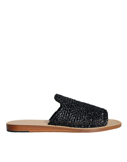 Black Monochrome Braided Raffia Slides Shoes