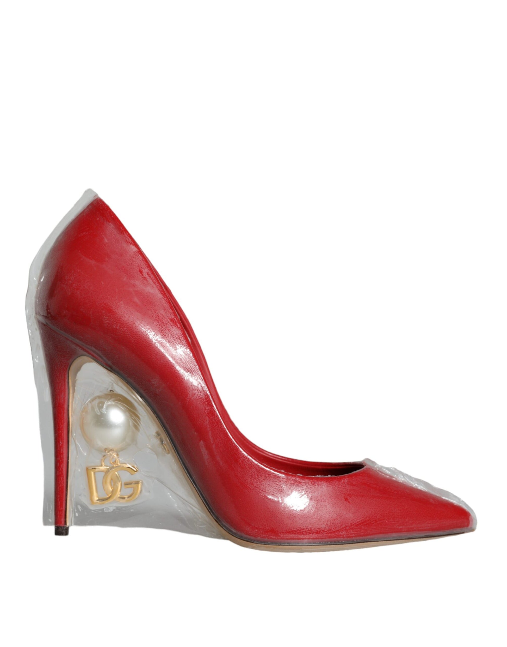 Red Patent Leather Faux Pearl Heels Pumps Shoes