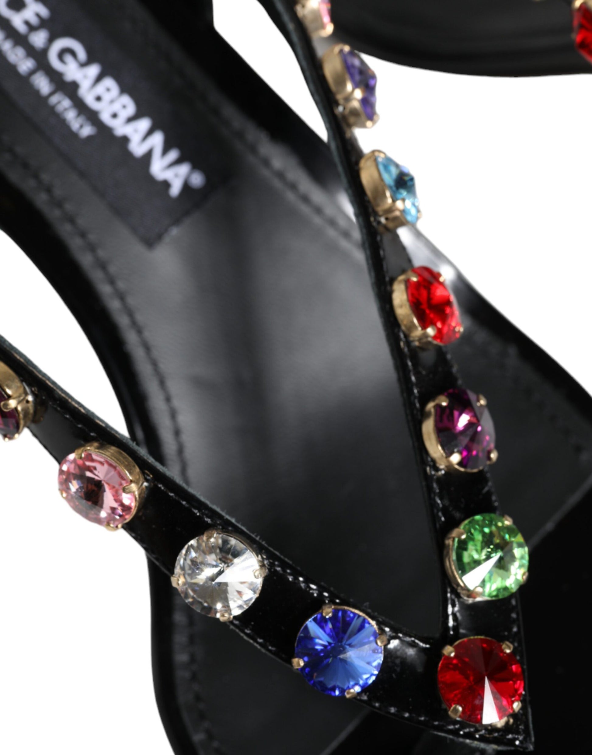 Black Leather Crystal Slingback Sandals Shoes