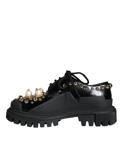 Black Leather Trekking Derby Embellished Shoes