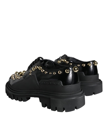 Black Leather Trekking Derby Embellished Shoes