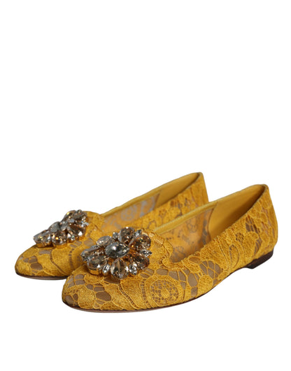 Mustard Lace Crystal Ballet Flats Loafer Shoes