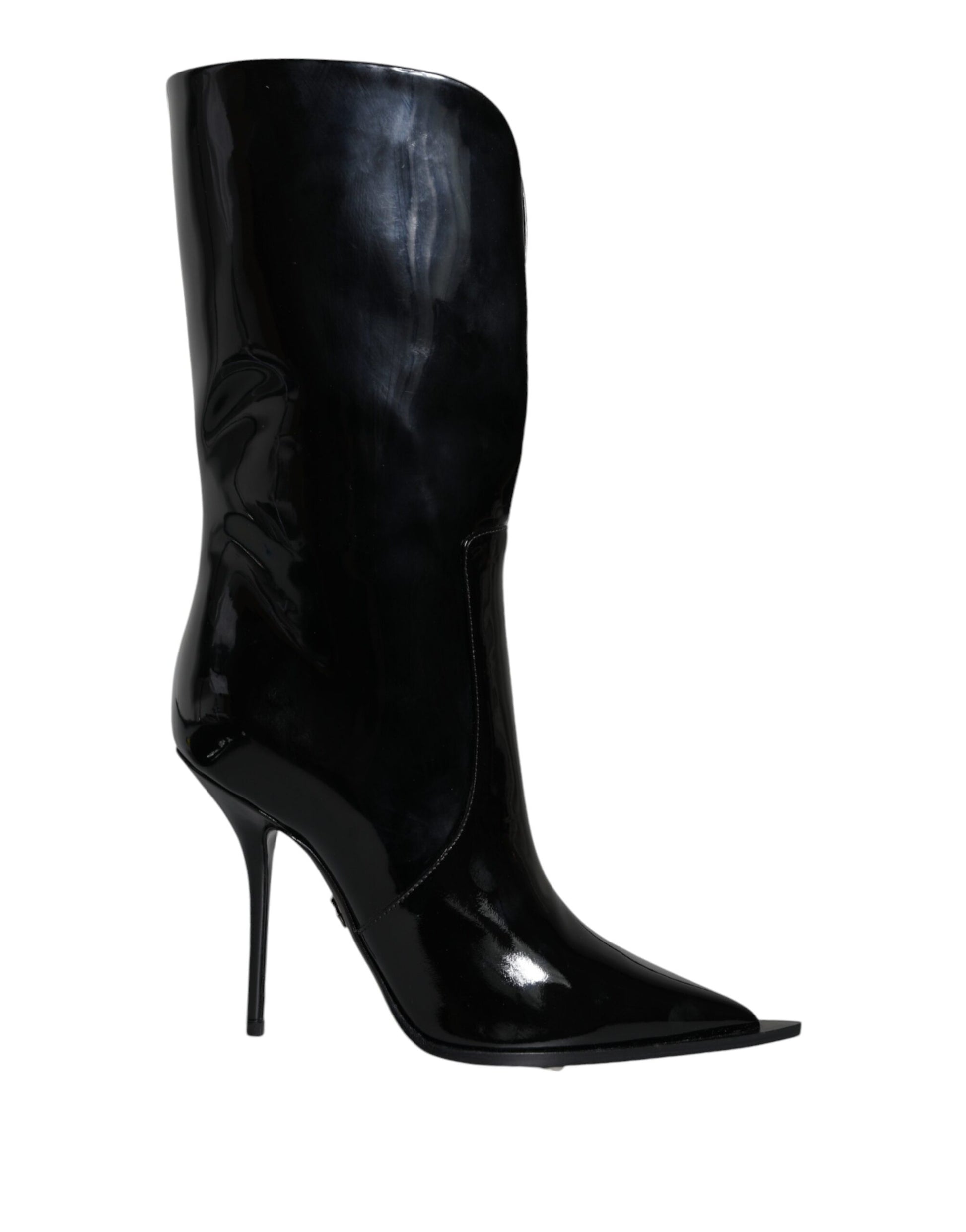 Black Patent Leather Mid Calf Boots Shoes