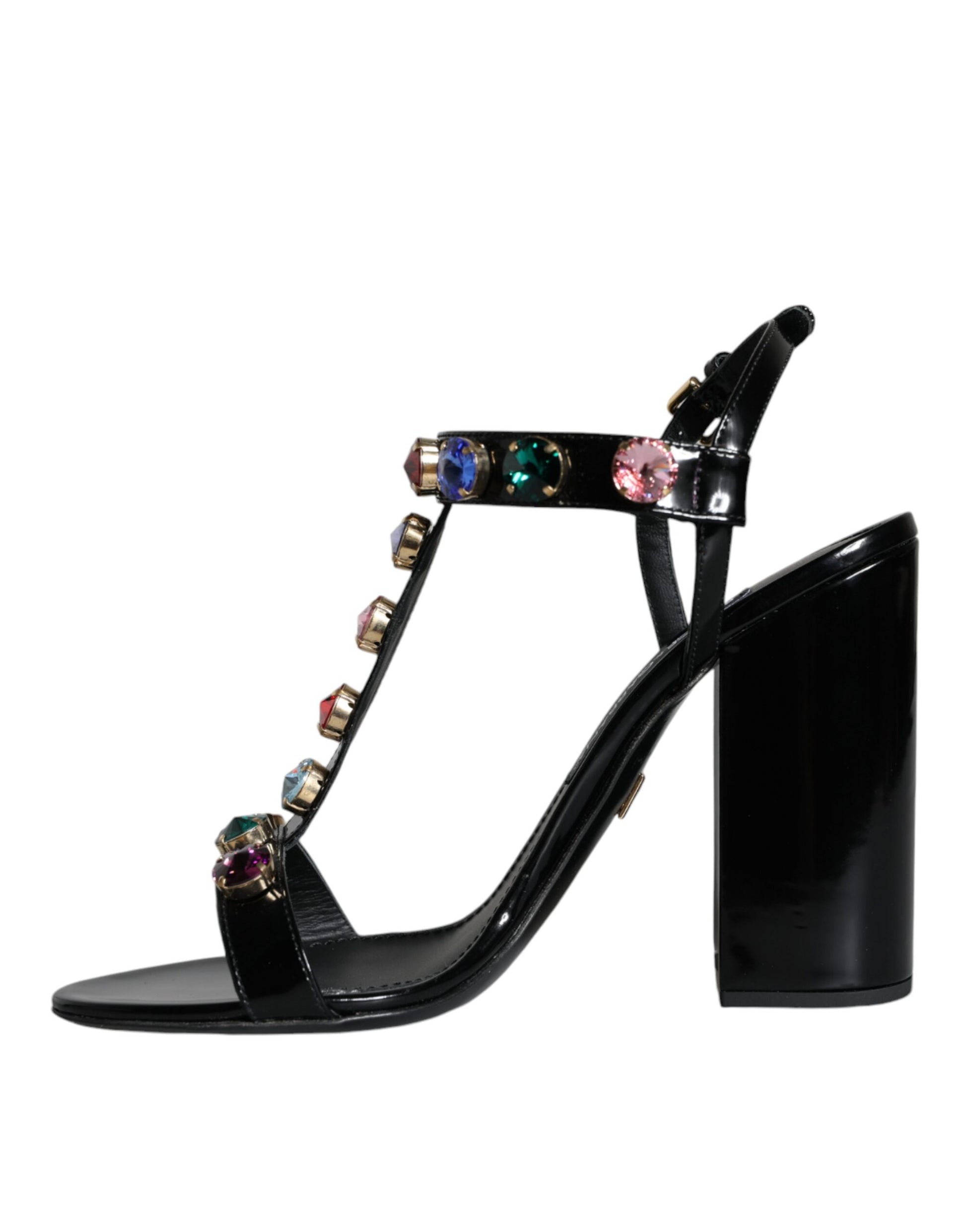 Black Crystal Leather T-strap Sandals Shoes