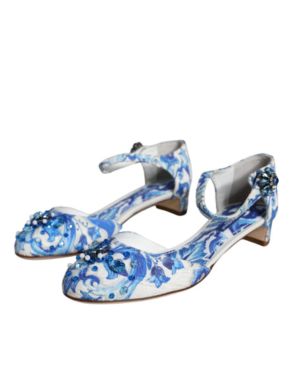 White Blue Majolica Print Ankle Strap Sandals Shoes