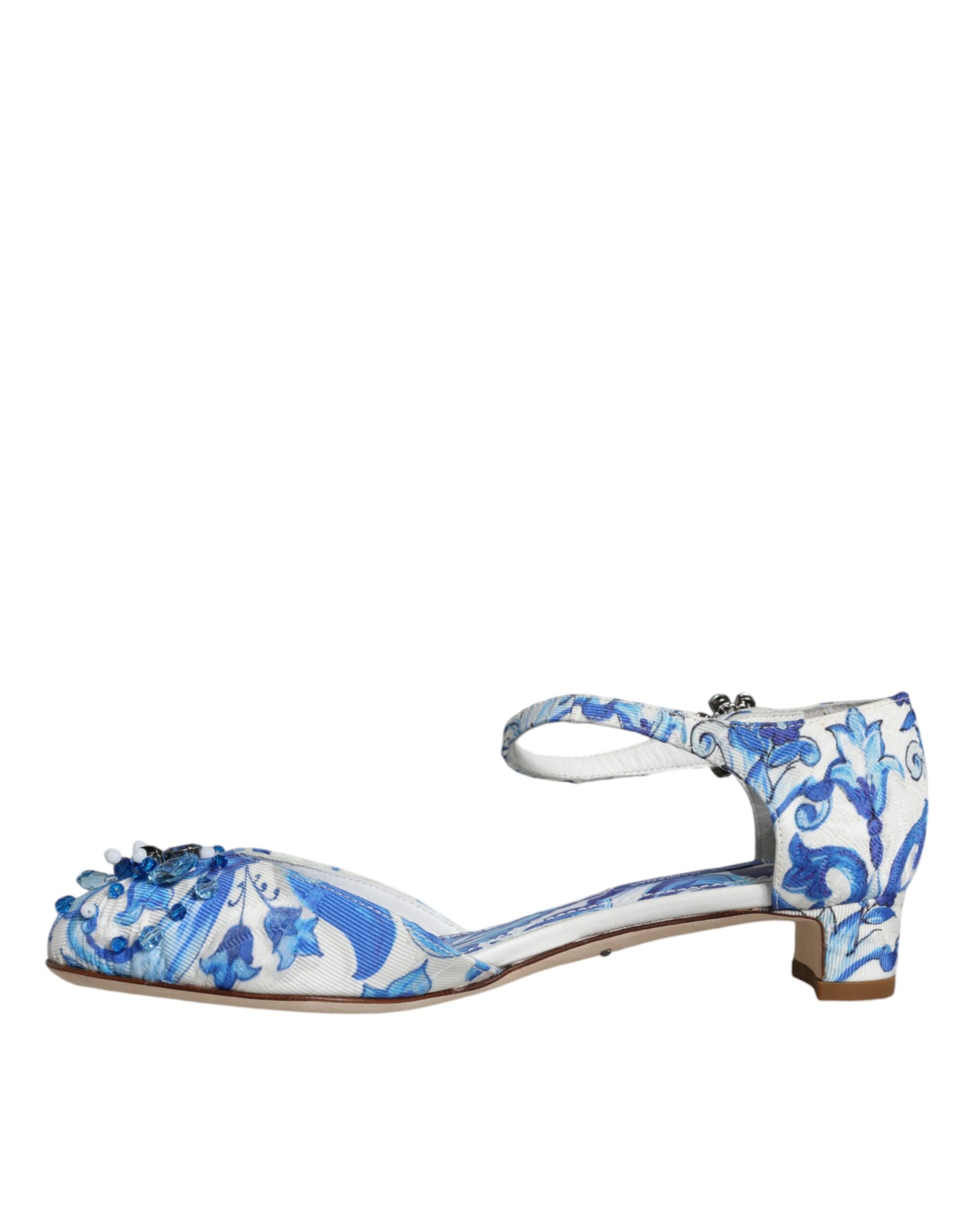 White Blue Majolica Print Ankle Strap Sandals Shoes