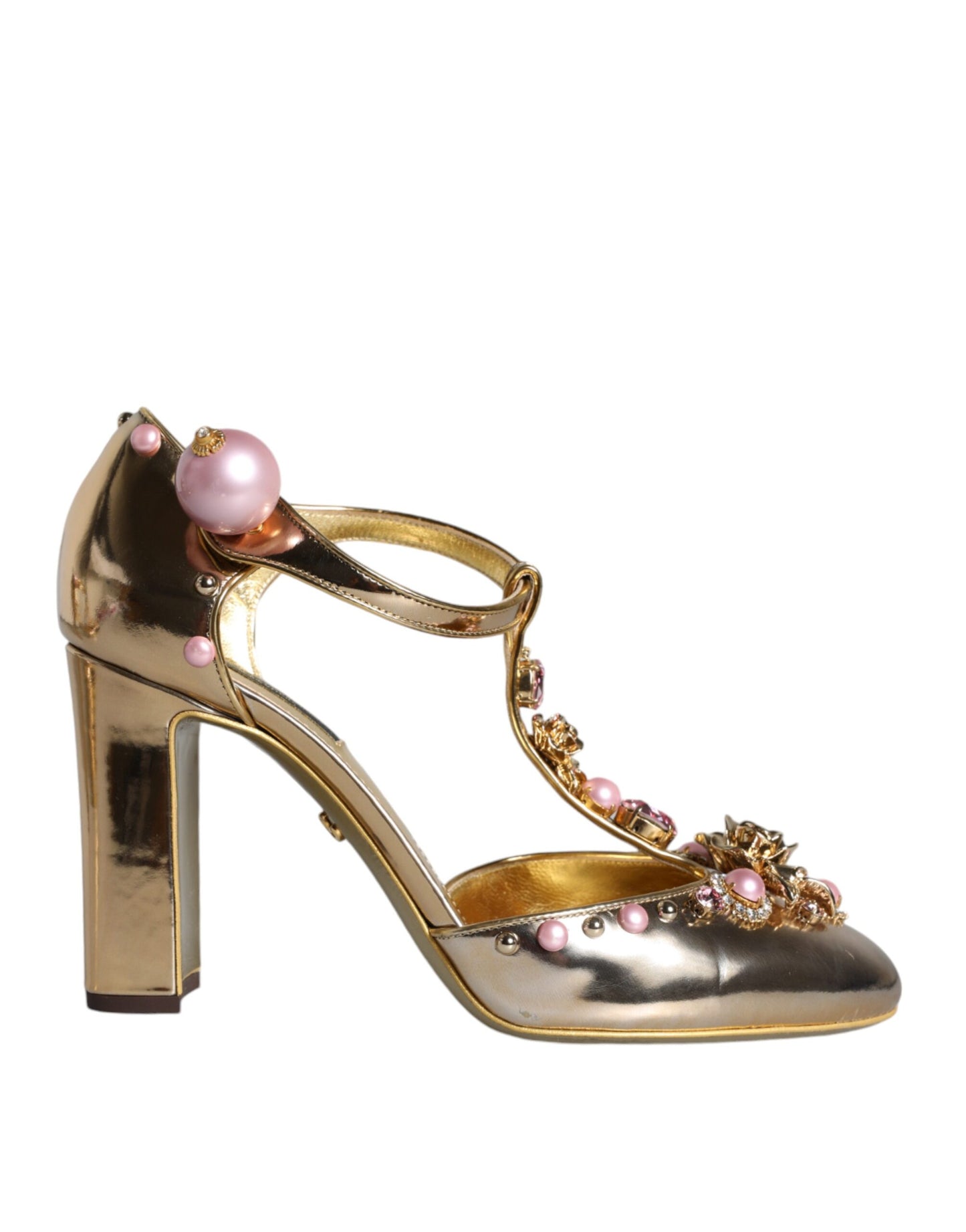 Gold Embellished Leather T-strap Heels Shoes