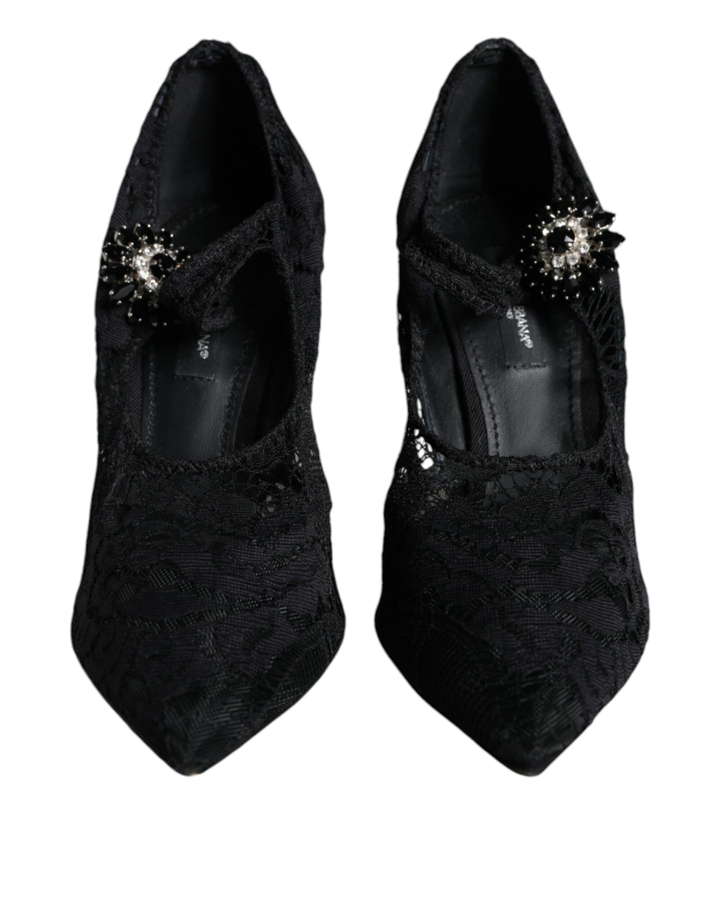 Black Mary Jane Pumps Lace Crystals Heels Shoes