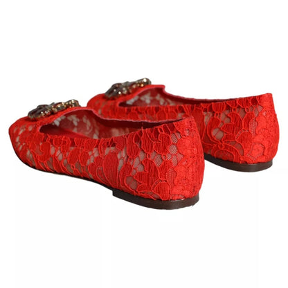 Red Lace Crystal Ballet Flats Loafers Shoes