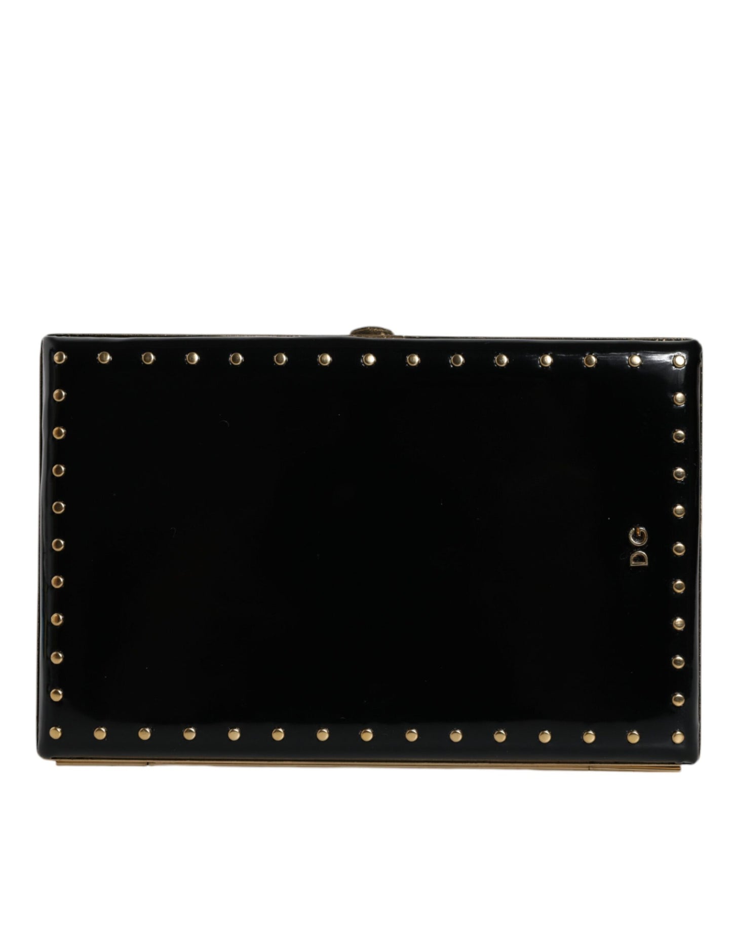 Black Leather Studs Gold Frame Clutch Evening Purse Bag