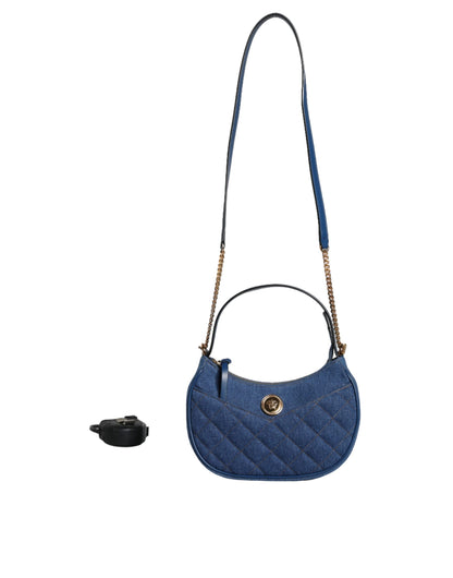 Blue Quilted Denim Leather Top Handle Shoulder Bag