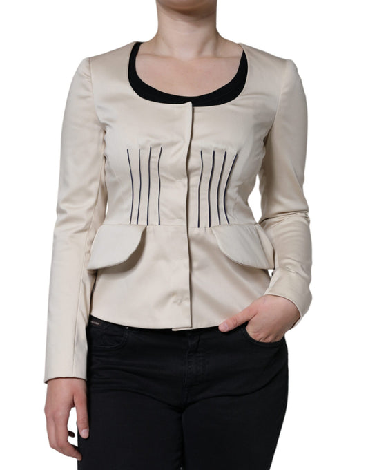 Beige Cotton Long Sleeves Round Neck Blazer Jacket