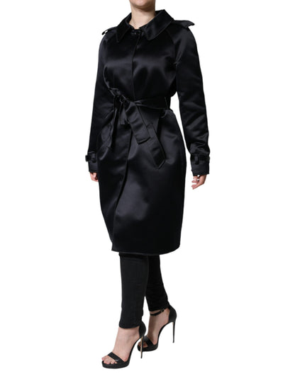 Black Polyester Organza Belted Coat Jacket