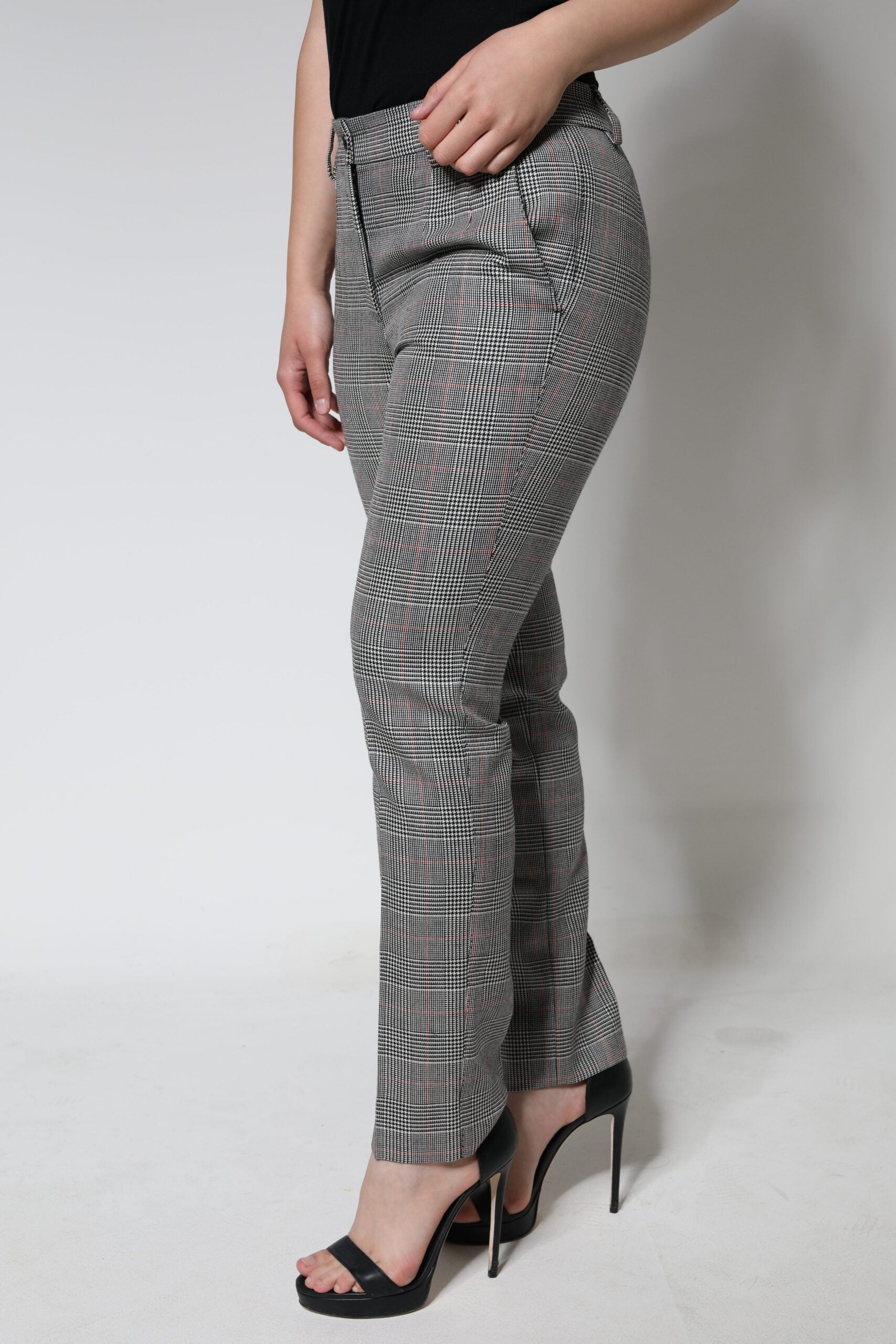 Gray Plaid Wool Mid Waist Women Tapered Pants