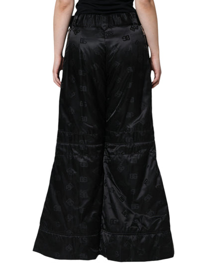 Black Quilted High Waist Women Wide Leg Pants