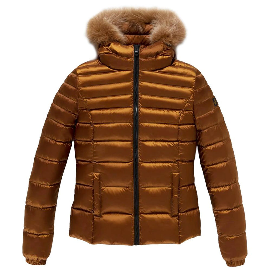 Orange Nylon Women Jacket with Feather Padding