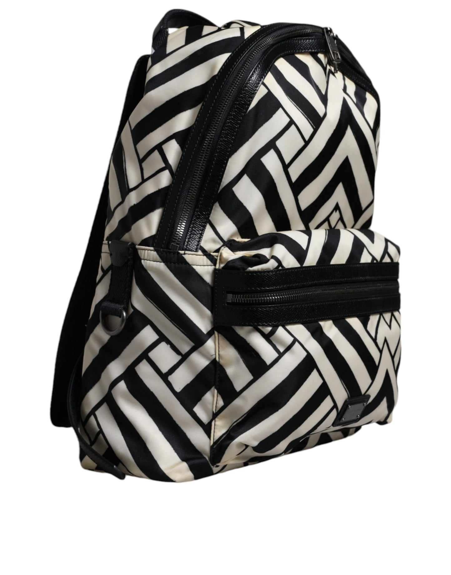 Black White Nylon Leather Travel Back Pack Bag