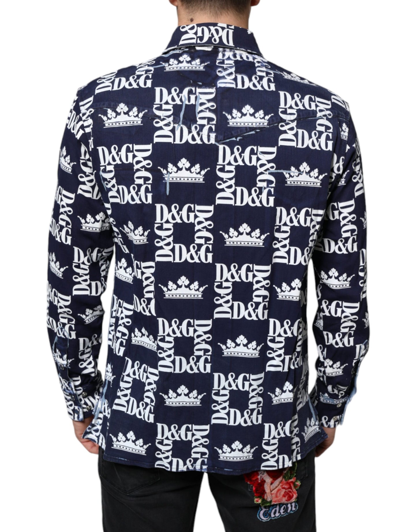 Blue Crown Logo Print Slim Fit Cotton Shirt