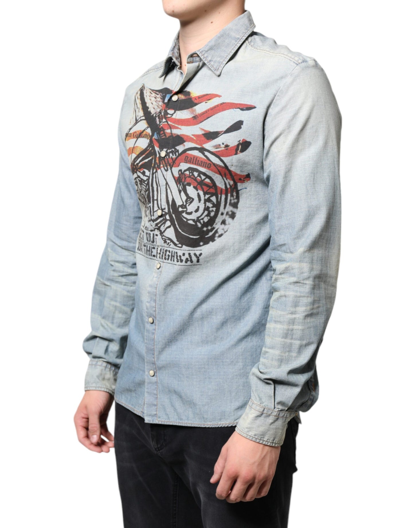 Light Blue Printed Cotton Denim Long Sleeves Shirt