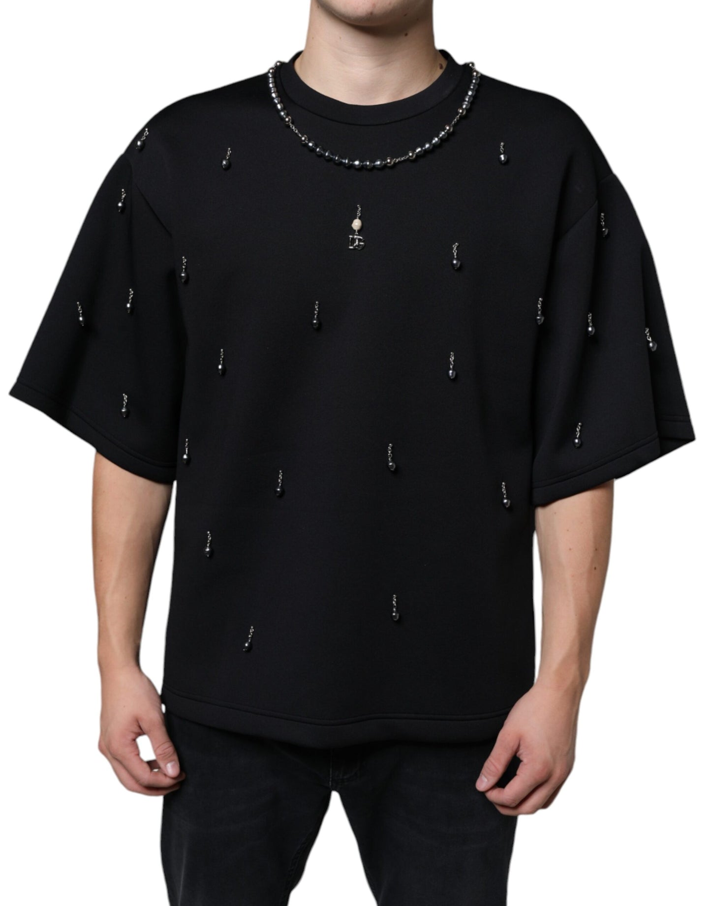 Black Polyester Necklace Embellished T-shirt